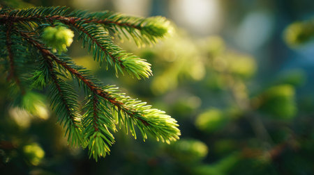 The Norway spruce in spring, fresh green leaves, soft sunlight filtering, vibrant atmosphere full of...