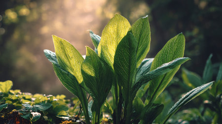 The Plantain in spring, fresh green leaves, soft sunlight filtering, vibrant atmosphere full of...