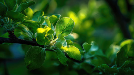 In spring, fresh green leaves, soft sunlight filtering, vibrant atmosphere full of vitality, natural textures, serene mood.の写真素材