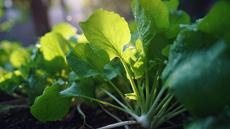 The Radish in spring, fresh green leaves, soft sunlight filtering, vibrant atmosphere full of...