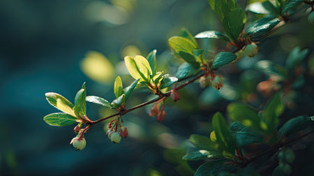 The Saskatoon berry in spring, fresh green leaves, soft sunlight filtering, vibrant atmosphere full...