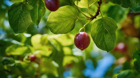 The Tamarillo in spring, fresh green leaves, soft sunlight filtering, vibrant atmosphere full of vitality, natural textures, serene mood.の写真素材