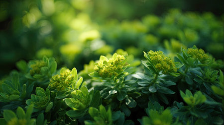 The Rhodiola in spring, fresh green leaves, soft sunlight filtering, vibrant atmosphere full of...