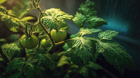 The Tomato in spring, fresh green leaves, soft sunlight filtering, vibrant atmosphere full of...