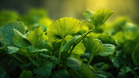 The Turnip in spring, fresh green leaves, soft sunlight filtering, vibrant atmosphere full of vitality, natural textures, serene mood.の写真素材