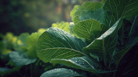 The Tuscan kale in spring, fresh green leaves, soft sunlight filtering, vibrant atmosphere full of...