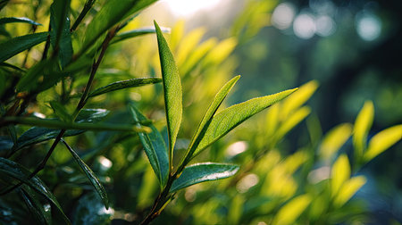 The Tea tree in spring, fresh green leaves, soft sunlight filtering, vibrant atmosphere full of...