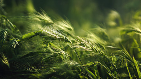 The Teff in spring, fresh green leaves, soft sunlight filtering, vibrant atmosphere full of...
