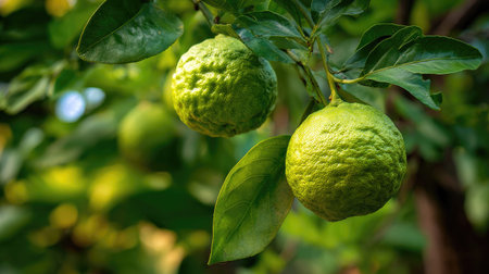The Ugli fruit in spring, fresh green leaves, soft sunlight filtering, vibrant atmosphere full of...