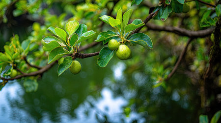 The Water apple in spring, fresh green leaves, soft sunlight filtering, vibrant atmosphere full of vitality, natural textures, serene mood.の写真素材