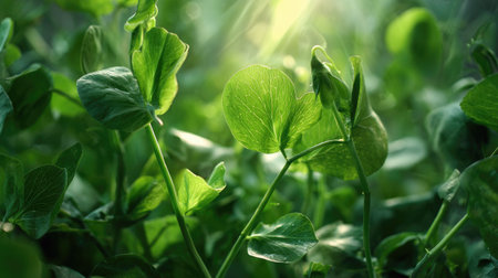 The Snow pea shoots in spring, fresh green leaves, soft sunlight filtering, vibrant atmosphere full of vitality, natural textures, serene mood.の写真素材