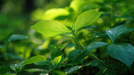 The Yam in spring, fresh green leaves, soft sunlight filtering, vibrant atmosphere full of vitality,...