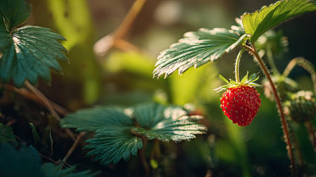 The Strawberry in spring, fresh green leaves, soft sunlight filtering, vibrant atmosphere full of...