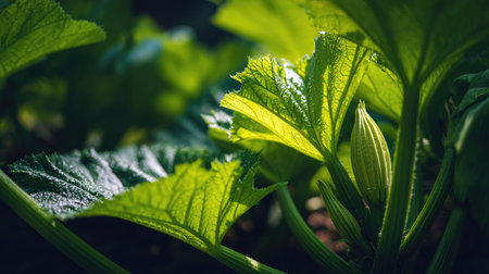 The Zucchini in spring, fresh green leaves, soft sunlight filtering, vibrant atmosphere full of vitality, natural textures, serene mood.の写真素材