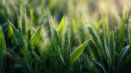 The Wheat in spring, fresh green leaves, soft sunlight filtering, vibrant atmosphere full of...