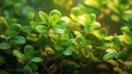 The Bacopa in spring, fresh green leaves, soft sunlight filtering, vibrant atmosphere full of...