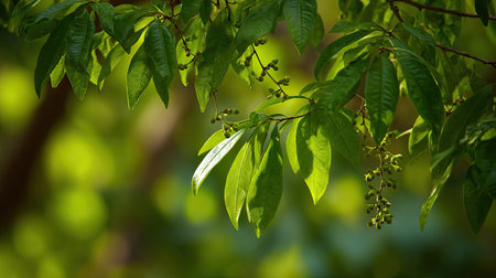 The Cinnamon tree in spring, fresh green leaves, soft sunlight filtering, vibrant atmosphere full of...