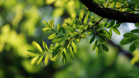 The Black ash in spring, fresh green leaves, soft sunlight filtering, vibrant atmosphere full of...