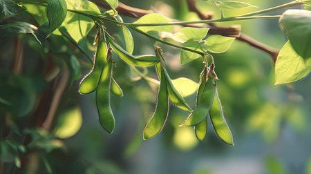 The Edamame in spring, fresh green leaves, soft sunlight filtering, vibrant atmosphere full of...