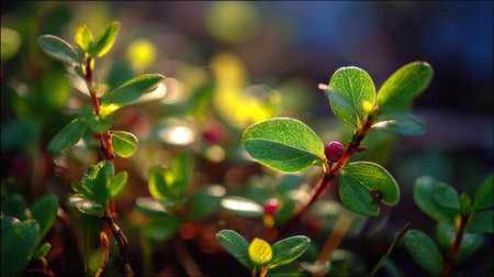 The Lingonberry in spring, fresh green leaves, soft sunlight filtering, vibrant atmosphere full of...