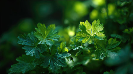 The Geranium in spring, fresh green leaves, soft sunlight filtering, vibrant atmosphere full of...