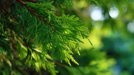 The Western red cedar in spring, fresh green leaves, soft sunlight filtering, vibrant atmosphere...