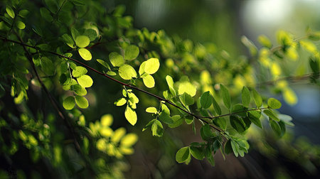 The Ironwood in spring, fresh green leaves, soft sunlight filtering, vibrant atmosphere full of...