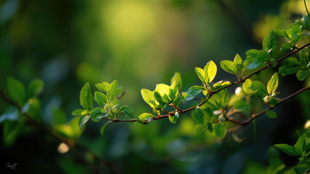 The Madder in spring, fresh green leaves, soft sunlight filtering, vibrant atmosphere full of...
