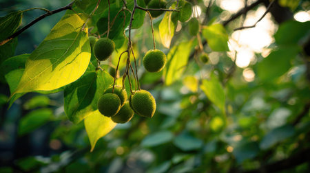 The Betel nut in spring, fresh green leaves, soft sunlight filtering, vibrant atmosphere full of...
