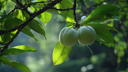 The White sapote in spring, fresh green leaves, soft sunlight filtering, vibrant atmosphere full of...