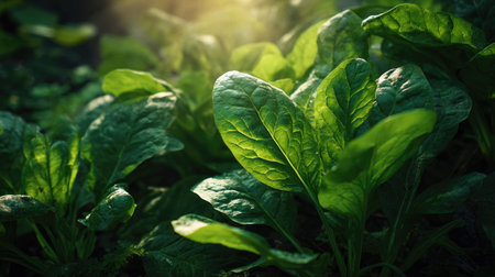 The Spinach in spring, fresh green leaves, soft sunlight filtering, vibrant atmosphere full of...