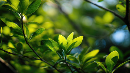 In spring, fresh green leaves, soft sunlight filtering, vibrant atmosphere full of vitality, natural...