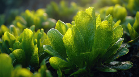 The Sea lettuce in spring, fresh green leaves, soft sunlight filtering, vibrant atmosphere full of...