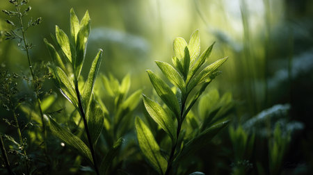 The Woad in spring, fresh green leaves, soft sunlight filtering, vibrant atmosphere full of...
