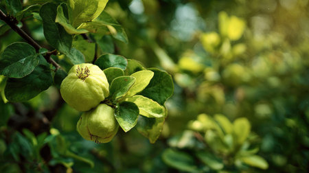 The Quince in spring, fresh green leaves, soft sunlight filtering, vibrant atmosphere full of...