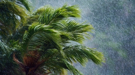 Areca palm in a storm, heavy rain pouring down, strong winds twisting their leavesの写真素材
