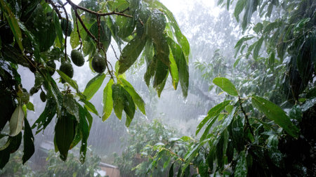 Avocado tree in a storm, heavy rain pouring down, strong winds twisting their leavesの写真素材