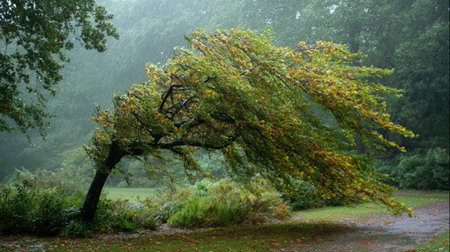 Beech in a storm, heavy rain pouring down, strong winds twisting their leavesの写真素材