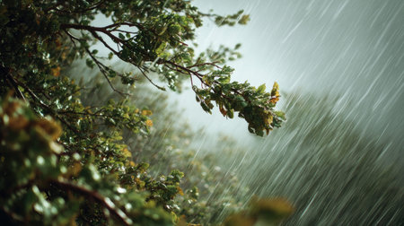 In a storm, heavy rain pouring down, strong winds twisting their leaves