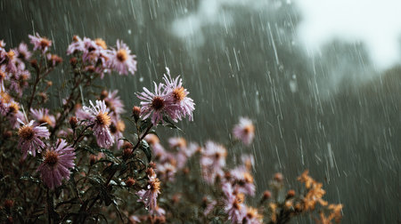 Aster in a storm, heavy rain pouring down, strong winds twisting their leaves