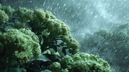 Broccoli in a storm, heavy rain pouring down, strong winds twisting their leavesの写真素材
