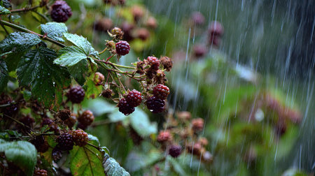 Blackberry in a storm, heavy rain pouring down, strong winds twisting their leavesの写真素材