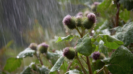 Burdock in a storm, heavy rain pouring down, strong winds twisting their leaves