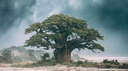 Baobab in a storm, heavy rain pouring down, strong winds twisting their leavesの写真素材