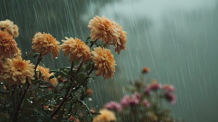 Chrysanthemum in a storm, heavy rain pouring down, strong winds twisting their leaves