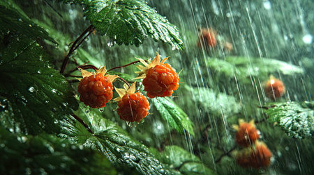 Cloudberry in a storm, heavy rain pouring down, strong winds twisting their leaves