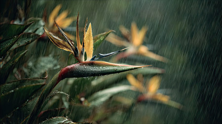 Bird of paradise in a storm, heavy rain pouring down, strong winds twisting their leavesの写真素材