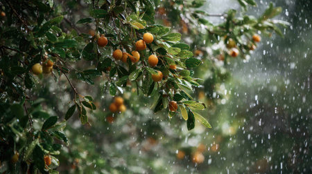 Camu camu in a storm, heavy rain pouring down, strong winds twisting their leaves