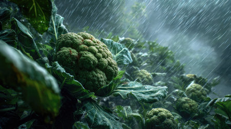 Cauliflower in a storm, heavy rain pouring down, strong winds twisting their leavesの写真素材