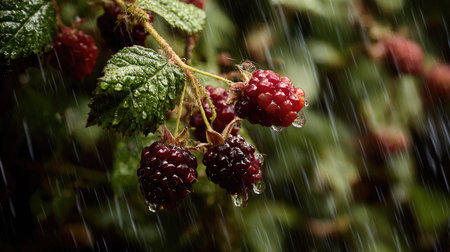 Heavy rain pouring down, strong winds twisting their leavesの写真素材